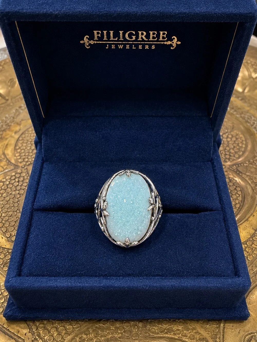 Vintage 925 Sterling Silver Blue Opal Statement Ring Size 6.75 Floral Vine